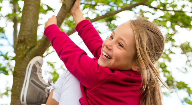 Ett glatt barn som klättrar i ett träd.