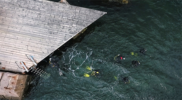 Foto av dykare vid en brygga vid Gullmarsgymnasiet